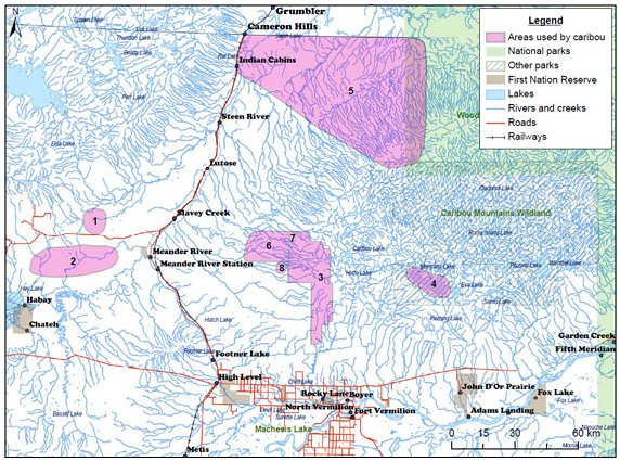 Map displaying multiple herds throughout Alberta. See Table 4 below for descriptive info