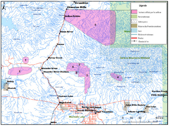 Carte illustrant les multiples hardes de caribous présentes en Alberta.