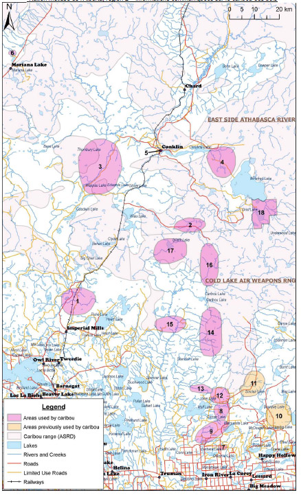 Carte illustrant les multiples hardes de caribous présentes en Alberta.
