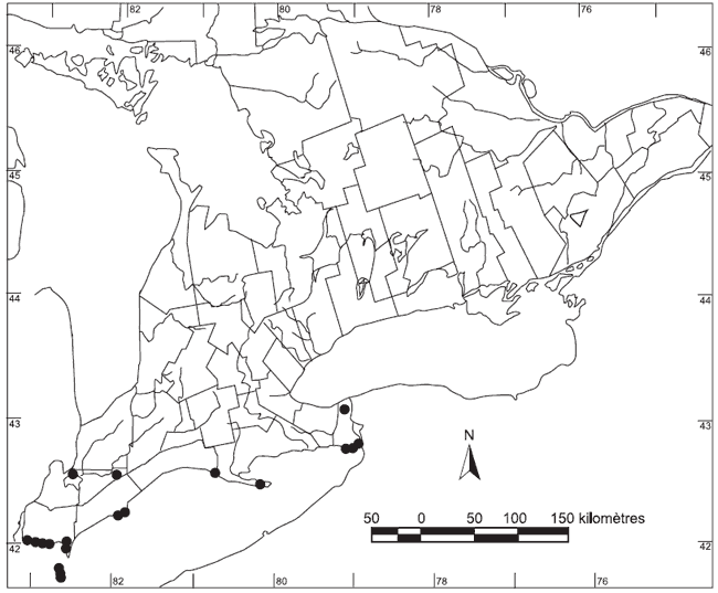 Répartition du Ptelea trifoliata au Canada (d'après Ambrose, 1984, avec modifications)