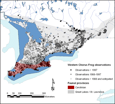 Map: Western Chorus Frog observations in southern Ontario and Quebec