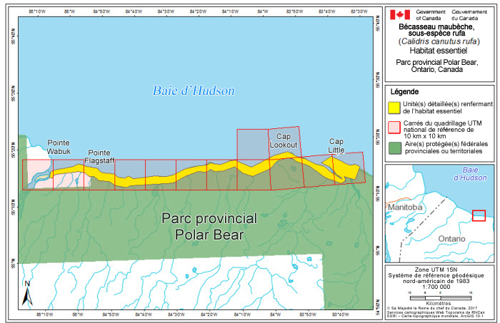 Carte de la région du parc provincial Polar Bear sur la baie d'Hudson (voir longue description ci-dessous)