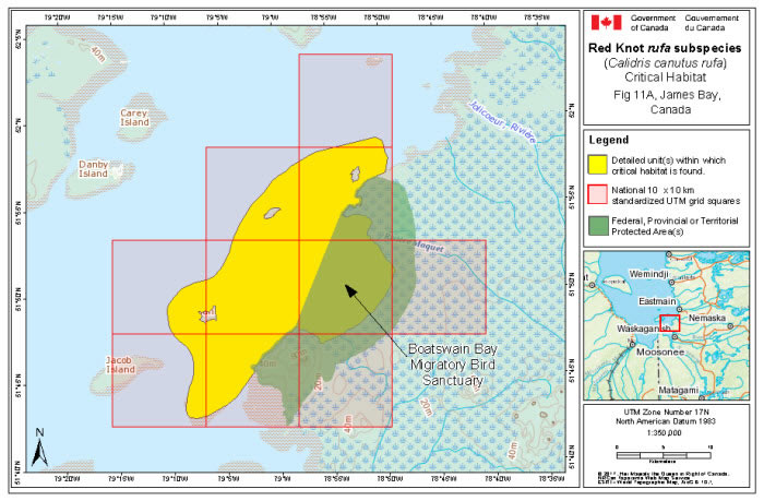 Map of stopover critical habitat for rufa in the Quebec portion of James Bay (see long description below)