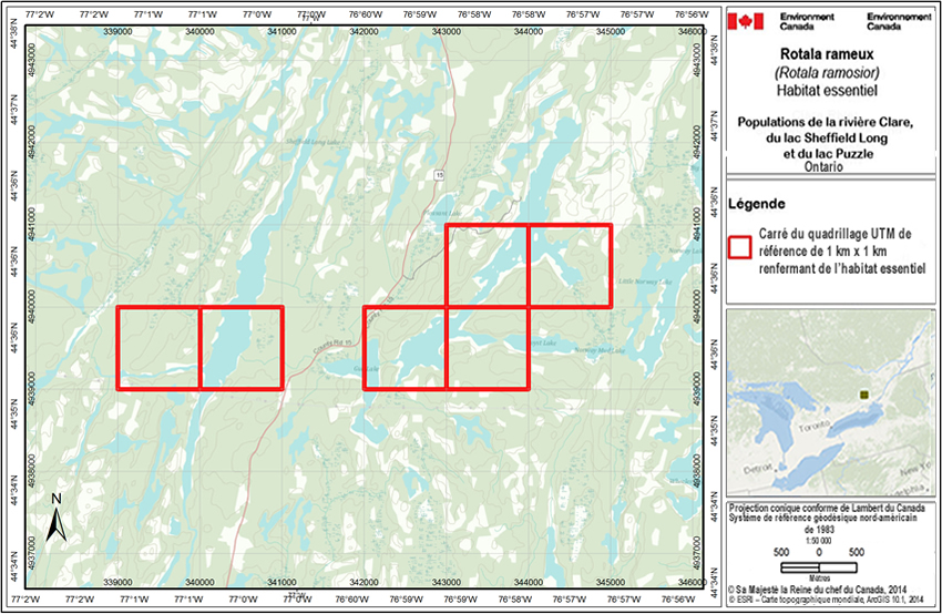 La figure A3 est une carte de l'habitat essentiel des populations de la rivière Clare, du lac Sheffield Long, du lac Puzzle Est et du lac Puzzle Ouest.
