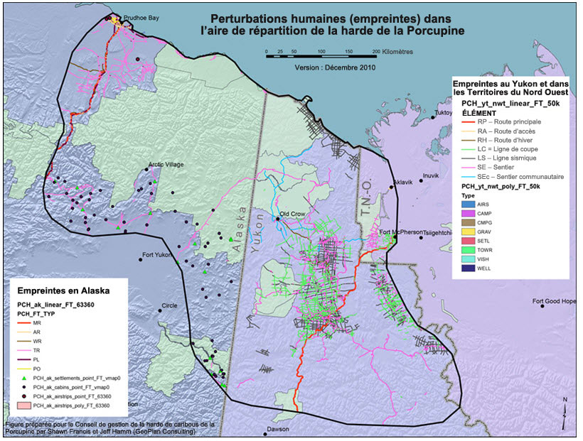 Perturbations humaines (empreintes) dans l’aire de répartition de la sous population de caribous de la Porcupine