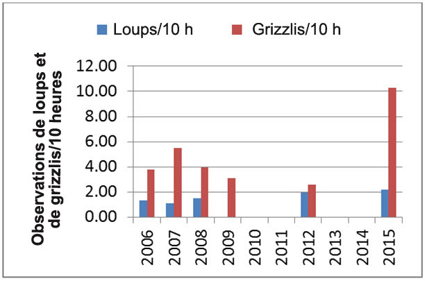 Taux d’observation dans l’aire de répartition de la sous population de Bathurst de loups/100 heures de vol