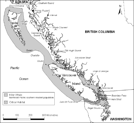Map showing the range of the Southern Resident population of Killer Whales in Canadian waters. The area designated as Critical Habitat is also shown.