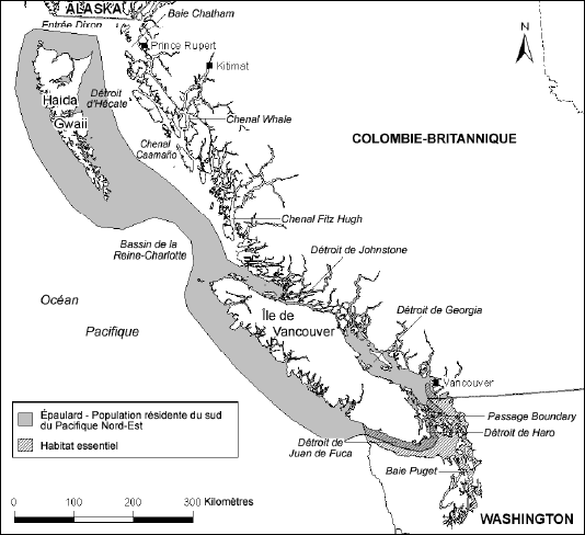 Carte montrant l’aire de répartition des épaulards résidents du sud dans les eaux canadiennes et la zone désignée habitat essentiel.