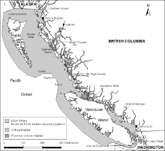 Map showing the range of the Northern Resident population of Killer Whales in Canadian waters. Critical habitat and potential critical habitat are also shown.