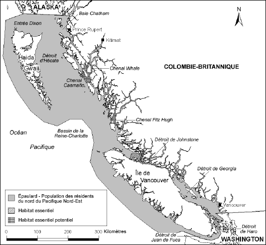 Carte montrant l’aire de répartition des épaulards résidents du nord dans les eaux canadiennes ainsi que l’habitat essentiel et l’habitat essentiel potentiel.