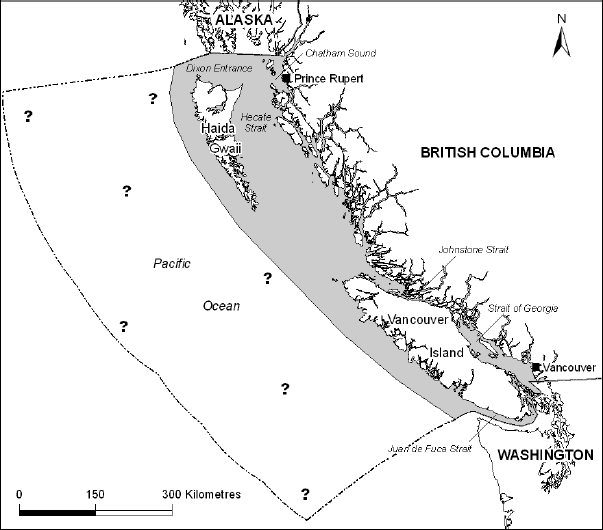 Map showing the range of the West Coast Transient population of Killer Whales in Canadian Pacific waters.