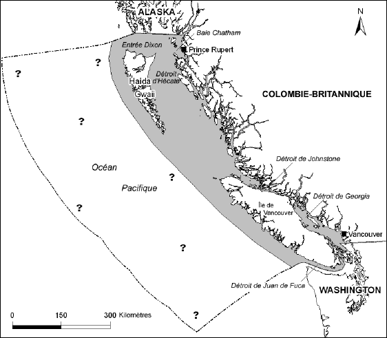 Carte montrant l’aire de répartition de la population des épaulards migrateurs de la côte Ouest dans les eaux canadiennes du Pacifique.