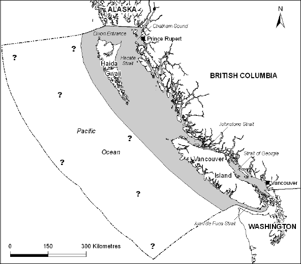 Map showing the range of the Offshore population of Killer Whales in Canadian Pacific waters.
