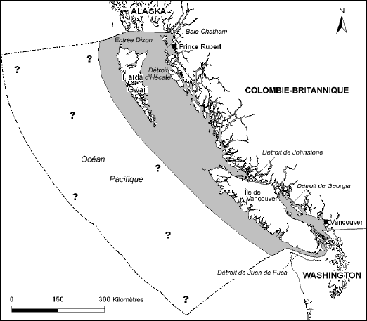 Carte montrant l’aire de répartition de la population des épaulards océaniques dans les eaux canadiennes du Pacifique.