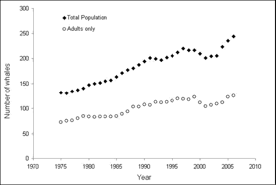 Chart showing trends in the size of the Northern Resident population of Killer Whales between 1974 and 2006. Trends are shown for the total population and for adults only.