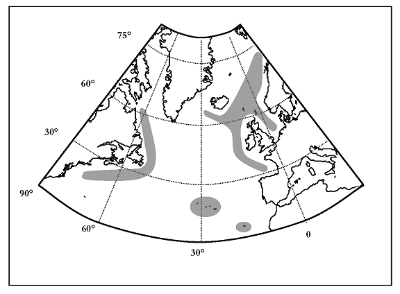 Figure 2. Aire de répartition des baleines à bec de Sowerby dans l’Atlantique Nord.