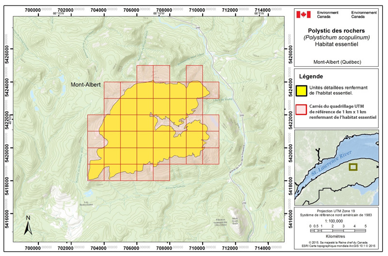 La figure 2 montre une carte présentant l'habitat essentiel au mont Albert, au Québec