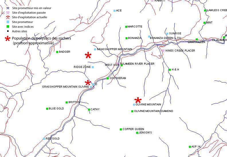 une carte des sites miniers se trouvant à proximité de populations de polystics des rochers en Colombie-Britannique