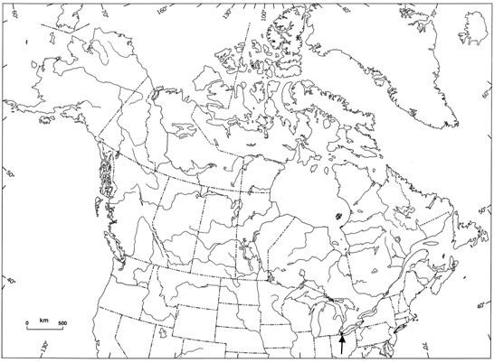 Figure 1. Global distribution of the Lake Eriewatersnake (Nerodia sipedon insularum) (indicated with a tiny arrow).