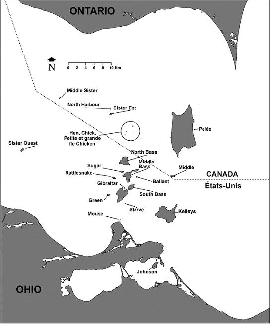 Figure 2. Carte des îles de l’ouest du lac Érié où figurent les quatre îles (Sister East, Hen, Middle et Pelée) connues pour abriter la couleuvre d’eau du lac Érié (Nerodia sipedon insularum) au Canada.