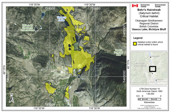 Map showing Critical habitat for Behr's Hairstreak at Vaseux Lake and McIntyre Bluff
