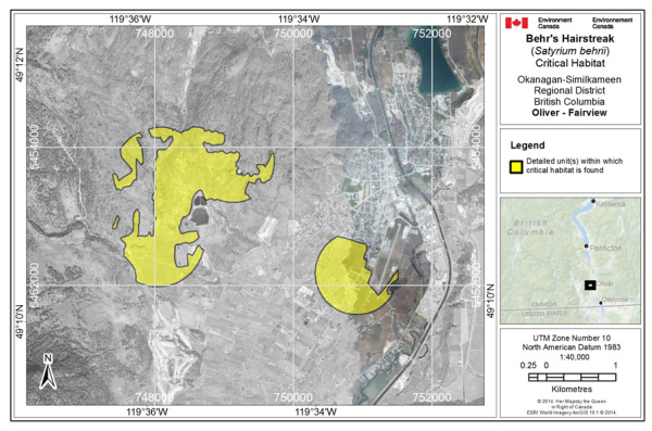 Map showing Critical habitat for Behr's Hairstreak at west Oliver