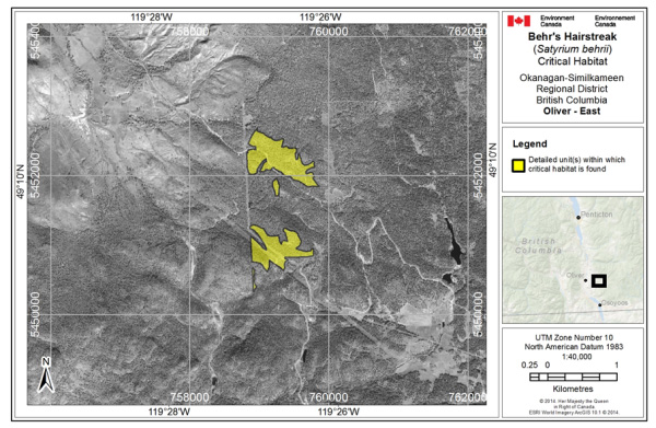 Map showing Critical habitat for Behr's Hairstreak at east Oliver