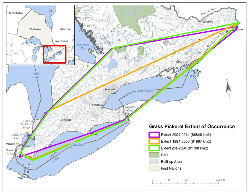 Map indicating extent of occurrence (EO) for the Grass Pickerel in Canada.