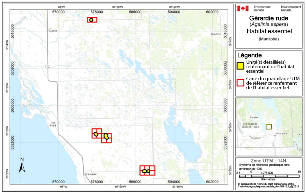 Carte montre l'habitat essentiel de la gérardie rude du lac Manitoba.