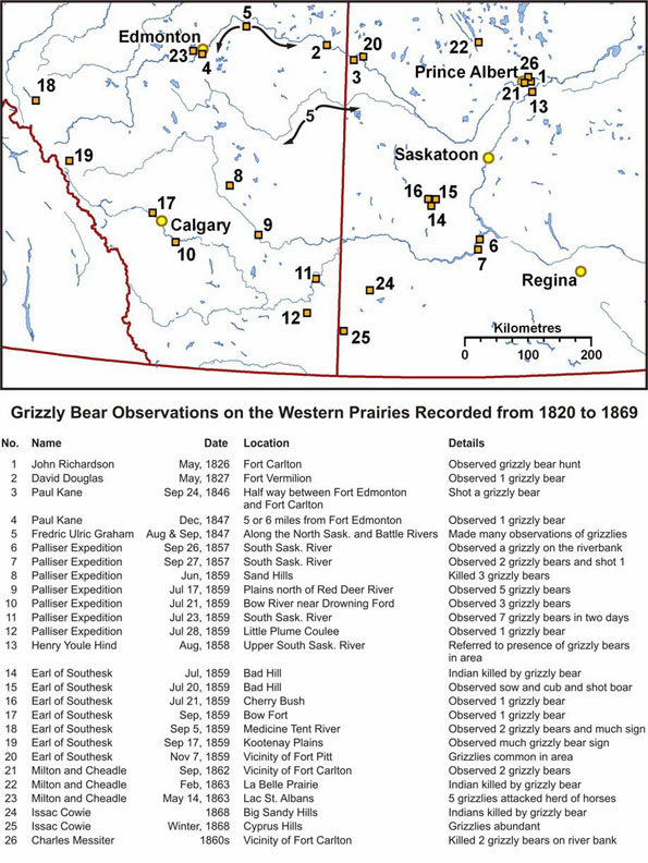 Figure 3. Recorded observations of grizzly bears in Alberta and Saskatchewan during 1820-1869 (see long description below).