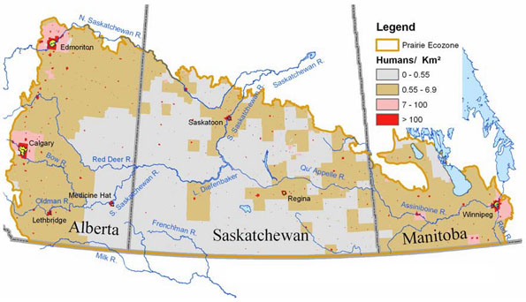 Figure 5. Human density, 2006, by census subdivision, for the Prairie Ecozone (see long description below).