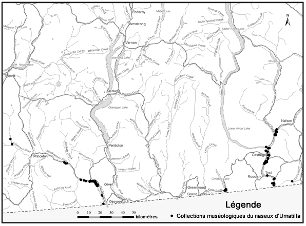 Carte indiquant les sites des prélèvements de naseux d’Umatilla à l’intérieur de l’aire de répartition canadienne. 