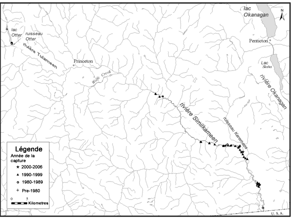 Carte indiquant les sites des prélèvements de naseux d’Umatilla dans le bassin hydrographique de la rivière Similkameen en fonction des années.