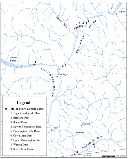 Map showing the locations of major hydroelectric dams that can affect Umatilla Dace in the lower Columbia, Kootenay and Pend d’Oreillle river systems.