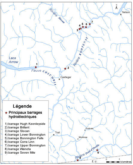 Carte indiquant les principaux barrages hydroélectriques situés sur le cours inférieur du fleuve Columbia et sur les rivières Kootenay et Pend d’Oreille, qui peuvent avoir une incidence sur le naseux d’Umatilla.