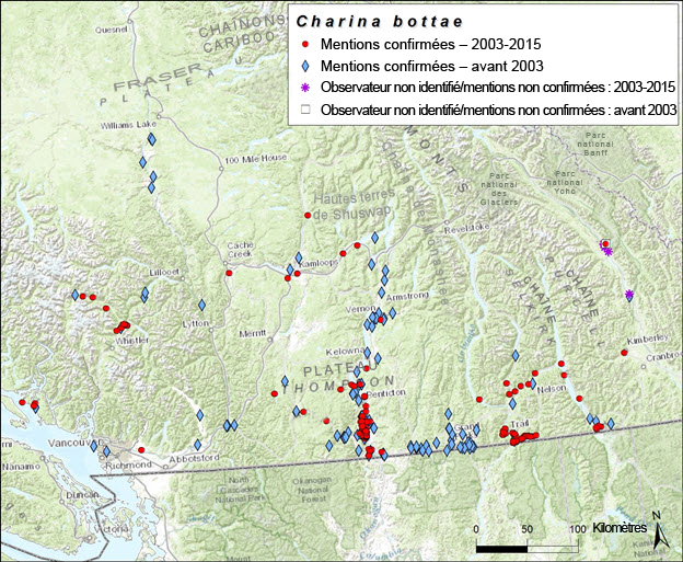 Carte de la répartition canadienne du boa caoutchouc du Nord (voir longue description ci-dessous)