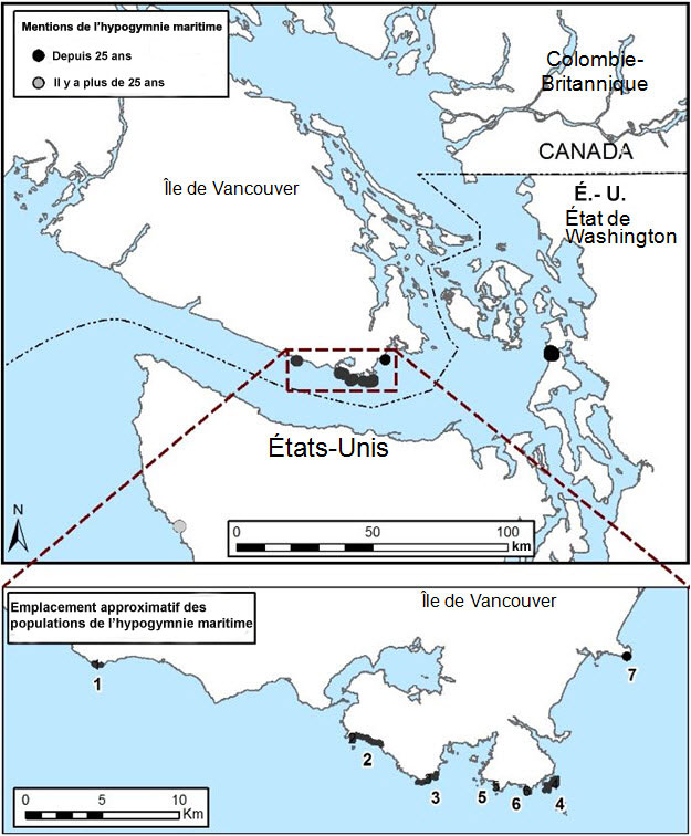 La figure 2 montre la répartition des populations de l'hypogymnie maritime au Canada