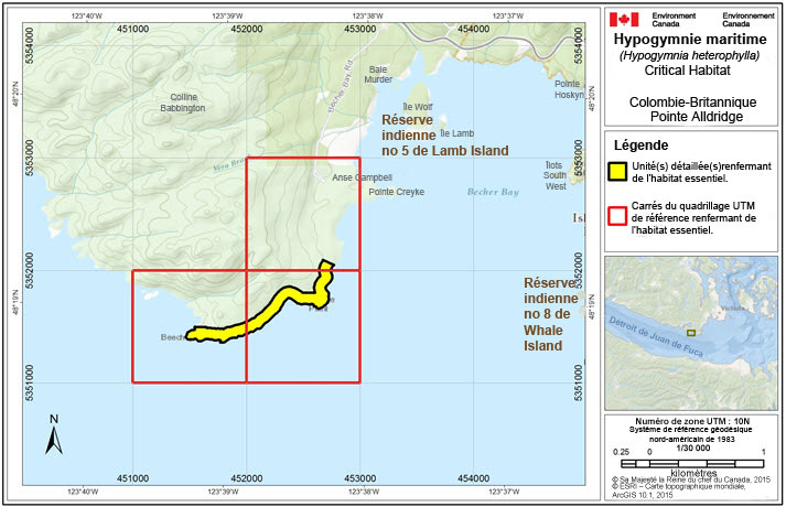 La figure 5 montre l'habitat essentiel de l'hypogymnie maritime à la pointe Alldridge