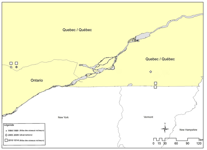 Carte montrant l’aire de reproduction de la Paruline hochequeue au Québec