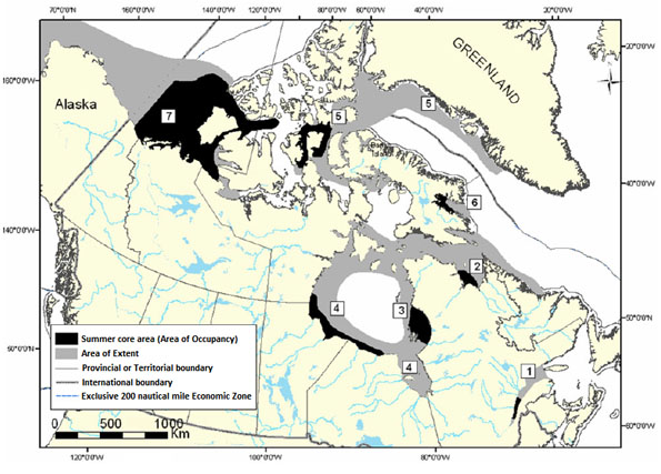 Figure 2: Location of the of Canadian Beluga Populations: (1) St. Lawrence Estuary population (2)Ungava Baypopulation (3) Eastern Hudson Bay population (4) Western Hudson Bay population (5) Eastern High Arctic – Baffin Bay population (6) Cumberland Sound population (7) Eastern Beaufort Sea population