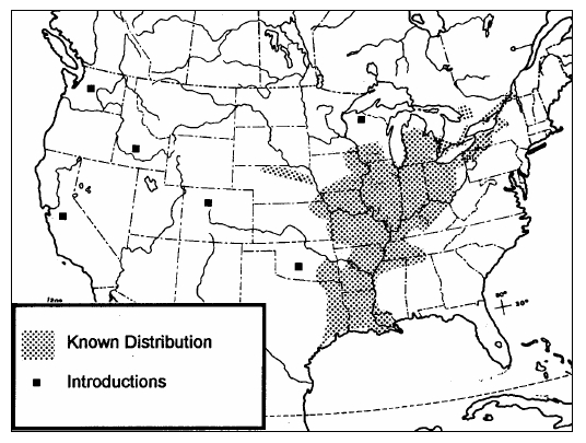 Figure 2. Global Grass Pickerel distribution (from Crossman and Holm 2005.)(See long description below)