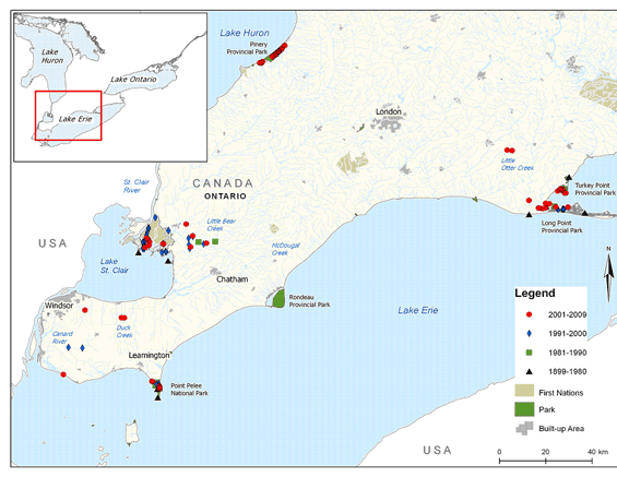 Figure 3(a). Distribution of the Grass Pickerel in southwestern Ontario (See long description below)
