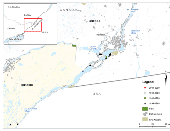 Figure 4. Distribution of Grass Pickerel in Quebec (See long description below)