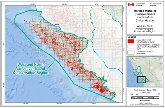 Fig B-4: Map showing scattered locations of critical habitat throughout the West and North Vancouver Island Conservation Region. (See long description below)
