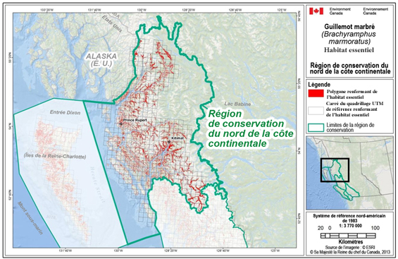 Figure B-2. L’habitat essentiel du Guillemot marbré dans la région de conservation du nord de la côte continentale. (Voir description longue ci-dessous.)