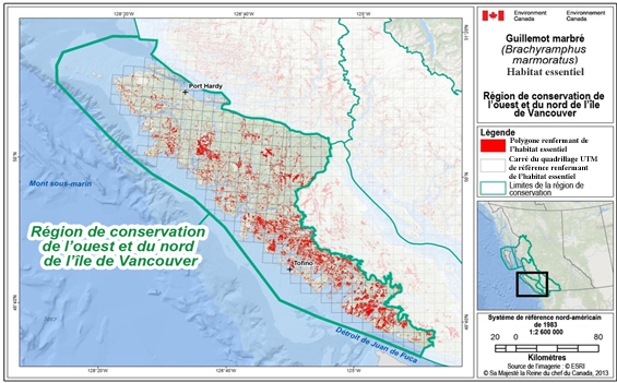 Figure B-4. L’habitat essentiel du Guillemot marbré dans la région de conservation de l’ouest et du nord de l’île de Vancouver. (Voir description longue ci-dessous.)