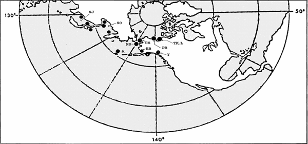 Figure 3.  Carte illustrant la répartition mondiale de l’Acantholumpenus mackayi entre les mers de Beaufort, de Béring, d’Okhotsk et du Japon : « A » = île Adak; « BB » = baie Bristol (Alaska); « CS » = mer de Tchoukotka; « NS » = détroit de Norton (Alaska); « PB » = baie Phillips (Yukon); « SO » = mer d’Okhotsk; « SJ » = mer du Japon; « TK, L » = Tuktoyaktuk et baie Liverpool (Territoires du Nord-Ouest); « Y » = Yakutat (Alaska)