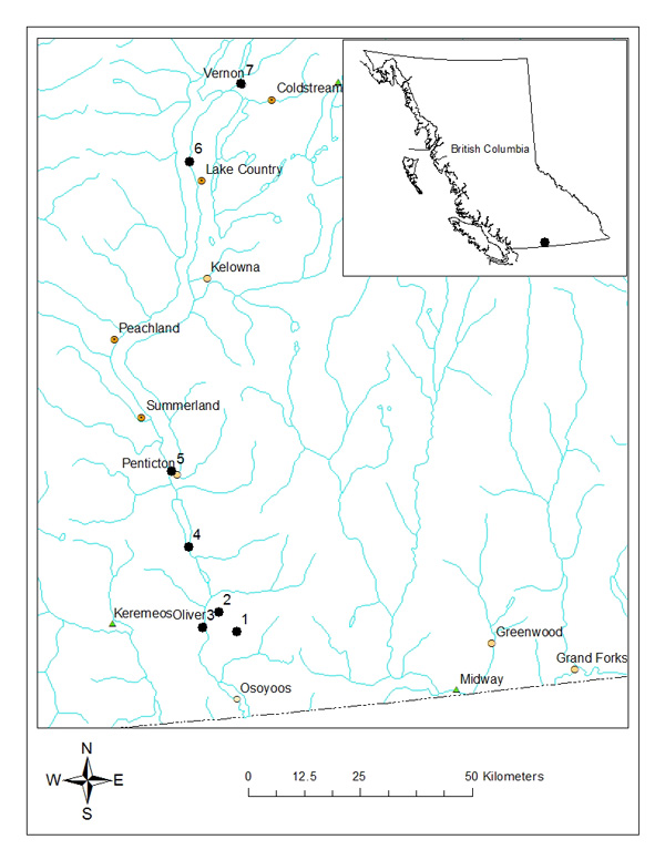 Map of Dark Saltflat Tiger Beetle distribution in British Columbia.