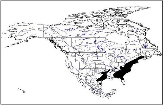 Figure 2. Répartition (en noir) du crapet rouge (Lepomis auritus) en Amérique du Nord (Etnier et Starnes, 1993).