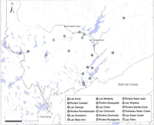 Figure 3. Répartition du crapet rouge dans l’est du Canada (les symboles numérotés indiquent les plans d’eau où l’on a constaté sa présence, non les endroits précis où il a été capturé).